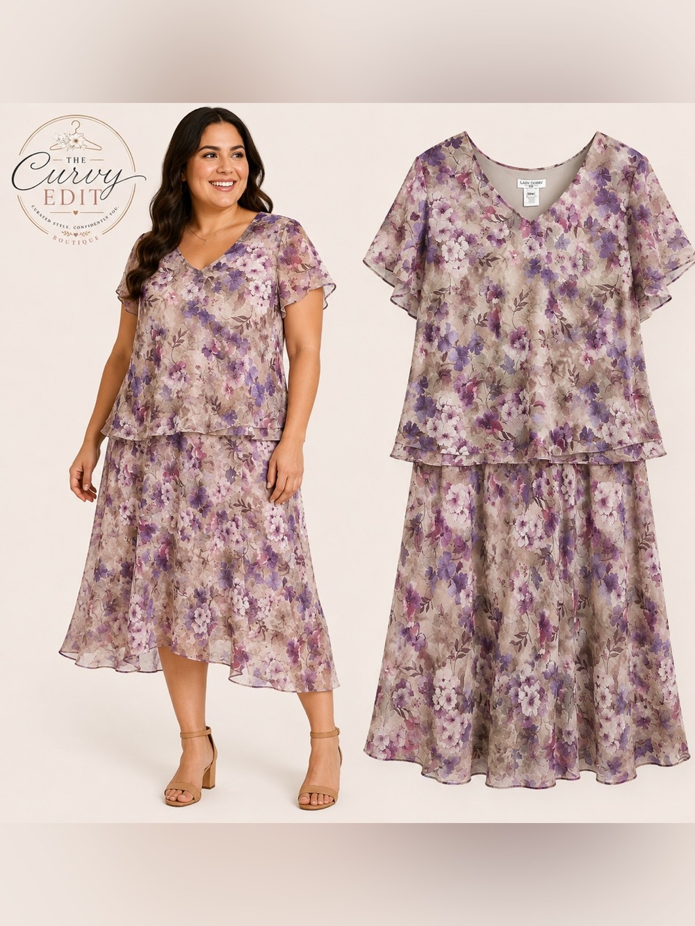 Lady Dorby 24W Purple Floral Chiffon 2-Piece Skirt Set Plus Size Wedding Chic